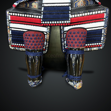Black and white Samurai Armor Oyoroi Style Kamon Kuwagata Maedate Menpo with Beard Black Armor color with white red blue cords